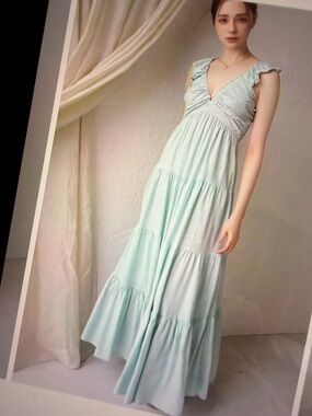 🩵Hello Cotton V- Neck Ruffle Strap Maxi Dress in Light Blue🩵